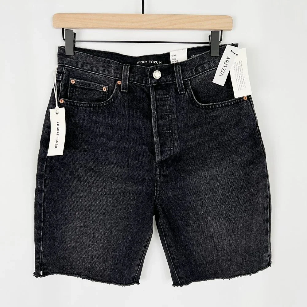 New Aritzia Denim Forum The Yoko Mid Thigh Shorts High-Waisted Long Jean Cut-Off - Picture 5 of 11